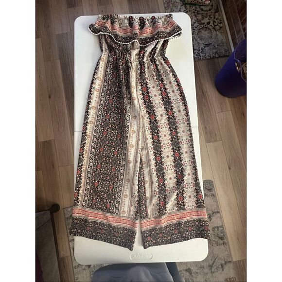 Monteau Women's Multicolor Floral Paisley Strapless Wide Leg Boho Jumpsuit Large - Picture 2 of 8